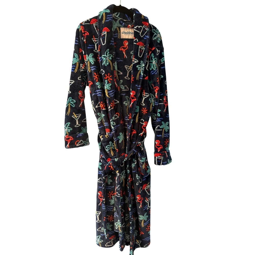 Chubbies Robe Navy Blue Tropical Neon Flamingo Palm Tree Plush Fleece Tie Waist